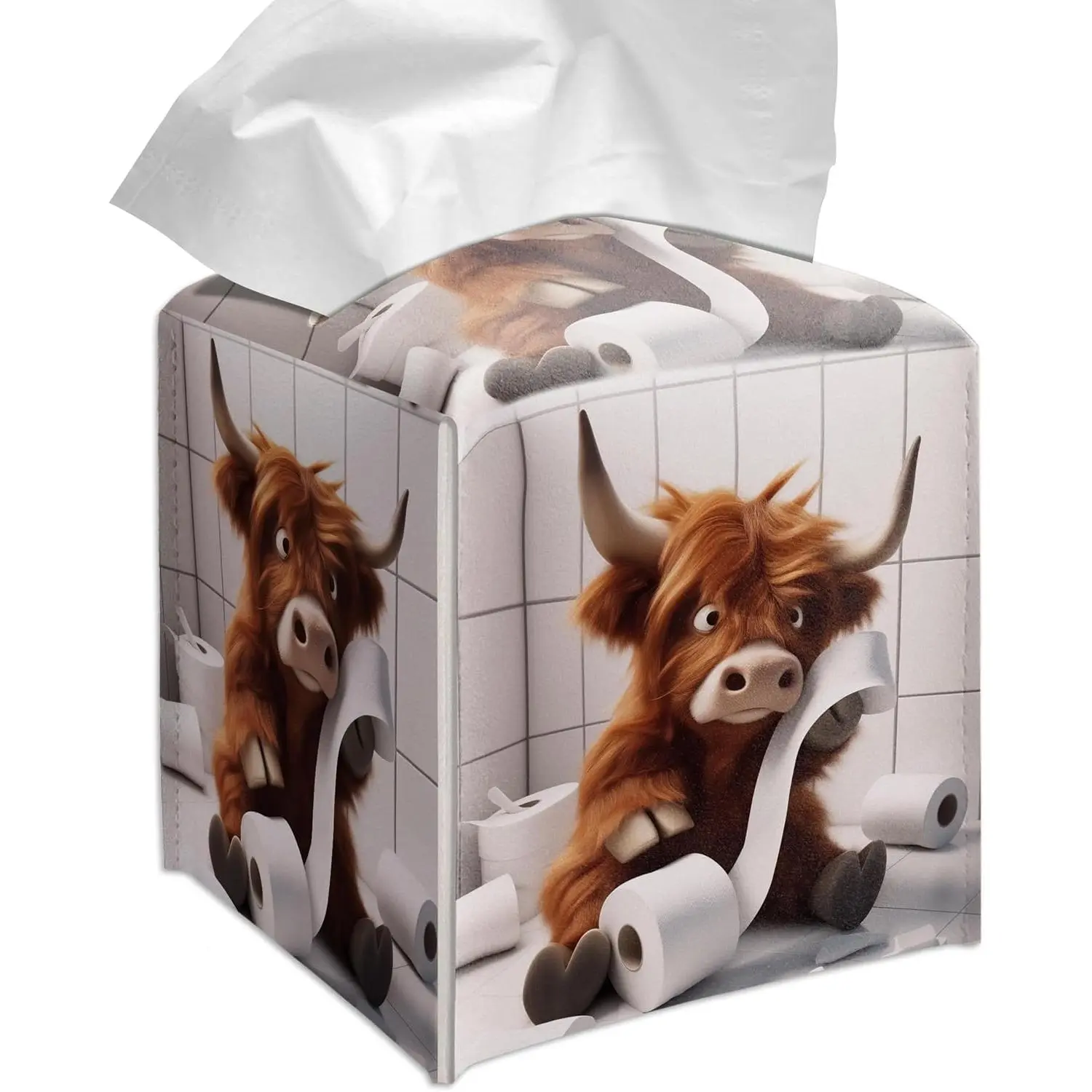 Cute Highland Cow Tissue Box Cover Square, Toilet Paper Cube Case for Facial Tissues, 5.2" PU Leather(065)