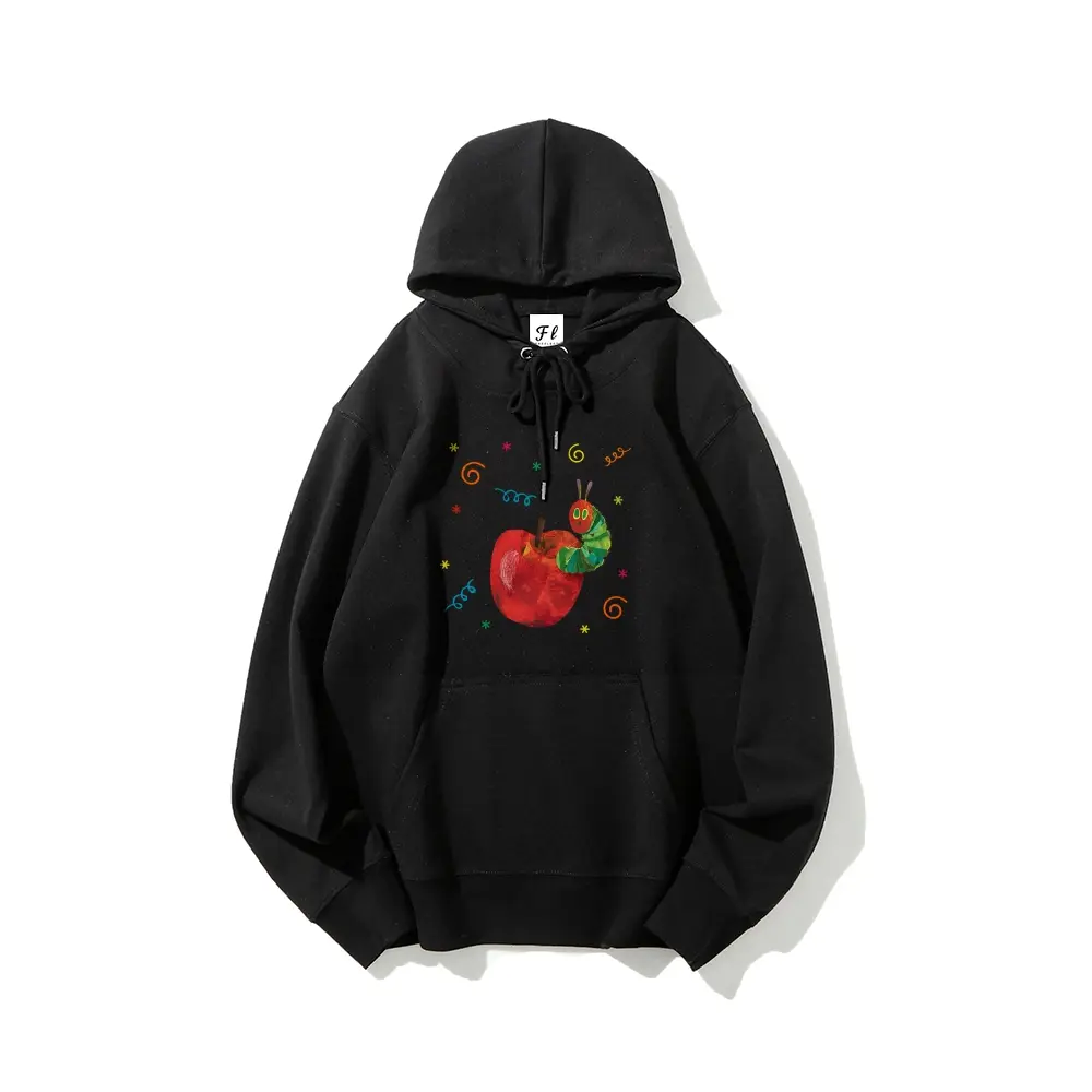 Retro Hungry Caterpillar Apple Print Hoodie, Fashion Casual Graphic Crewneck Hooded Sweatshirt for Daily Holiday Outdoor Wear, Long-Sleeve Women Clothing for Fall & Winter, Casual Streetwear Pullover Sweatshirt