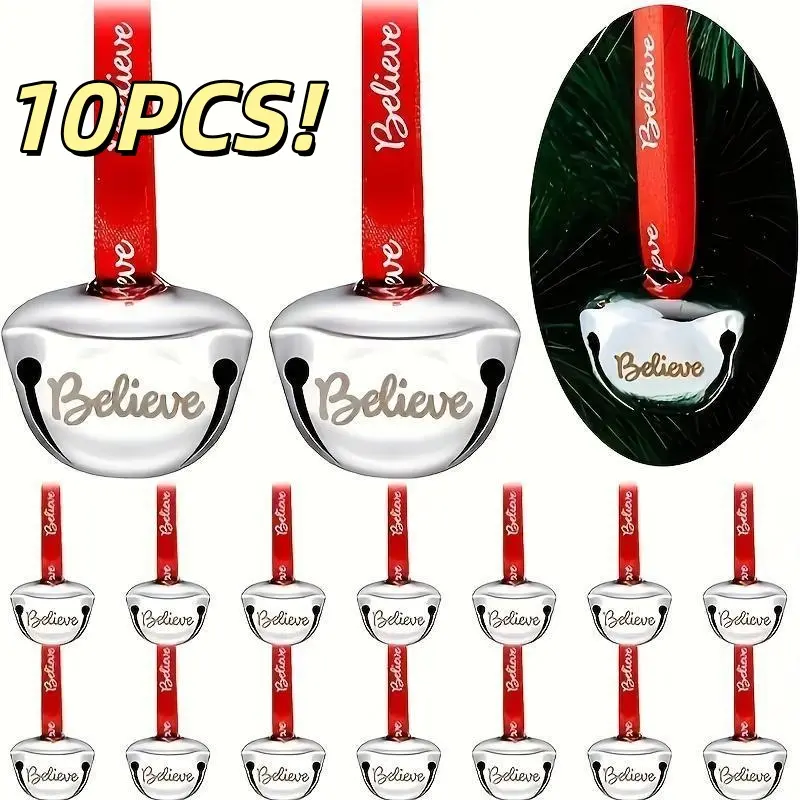10pcs Believe Engraved Silver Color Mini Bells with Ribbon, Christmas Tree Ornaments, DIY Craft Charms for Weddings, Parties, Home Decor