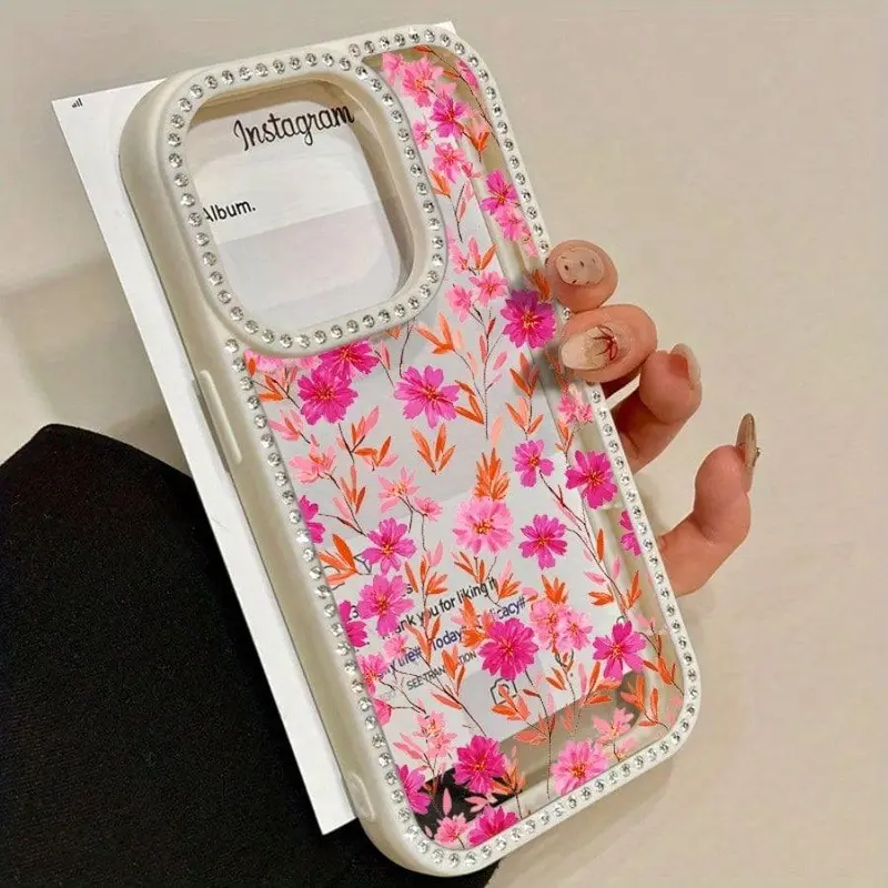 Pink Yellow Floral Double-Sided Diamond-Set 3-In-1 Mobile Phone Case for iPhone 17promax/17air 16promax 16 15 14 Plus/14  Max 13 13  12 11Promax Series Anti-Drop Anti-Fouling Soft Case Unisex with Diamond Decoration, Accessories, Anti-Slip, Iphone 17, Non