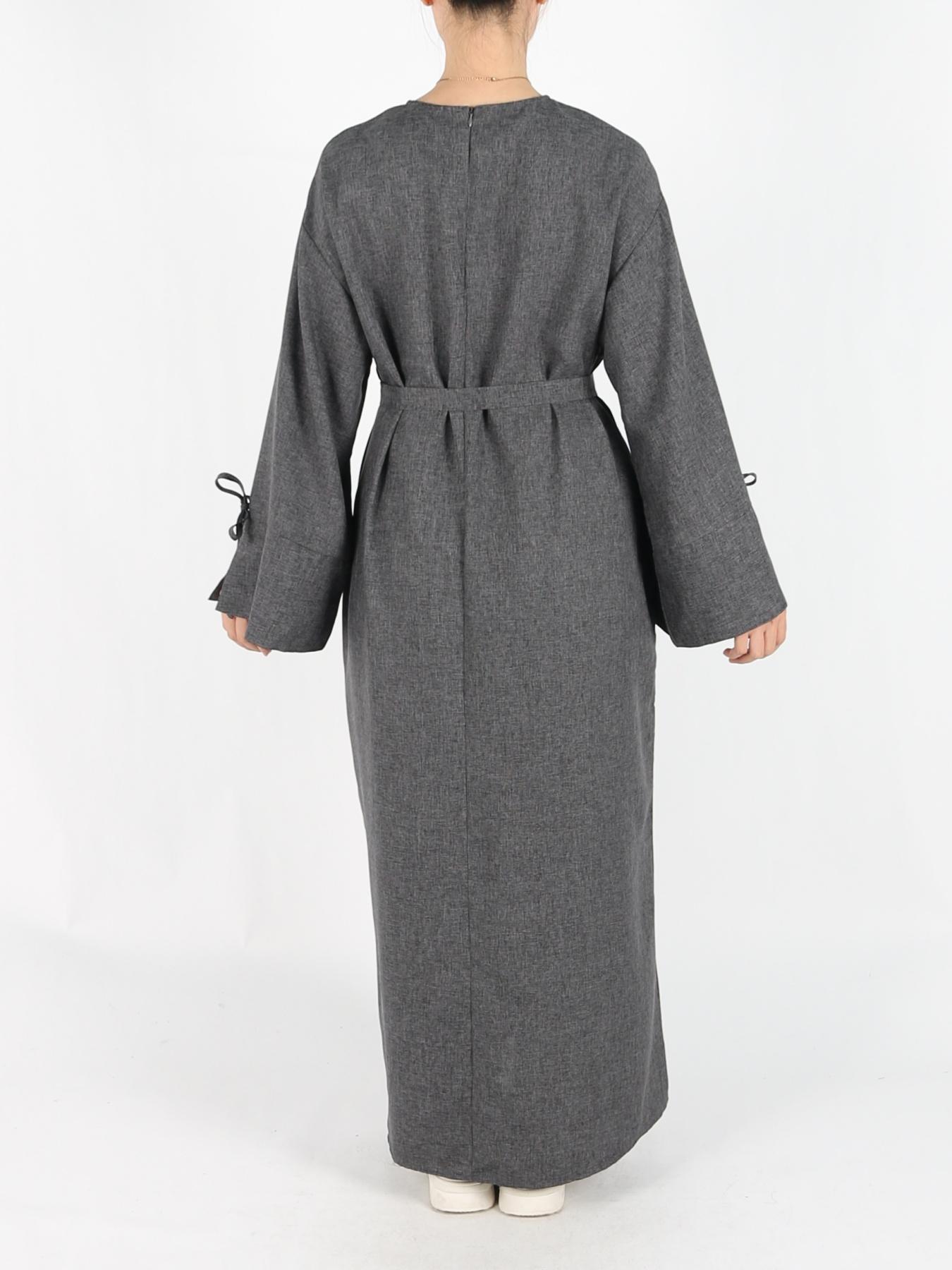 Women's Solid Belted Long Sleeve Muslim Dress, Casual Elegant Modesty Round Neck Dress for Daily Wear, Ladies Abaya Islamic Clothing for All Seasons, Dresses for Women, Solid Color Abaya, Abaya Dress Set, Abayas for Eid, Tunic Dress, Classy Modest Dresses