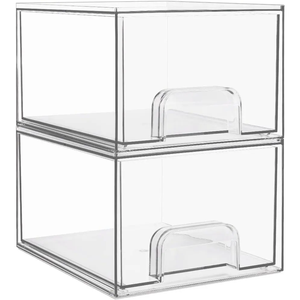 2 Pack Small Clear Stackable Storage Drawers,Acrylic Bathroom Makeup Organizer,Plastic Storage Bins for Vanity, Undersink, Kitchen Cabinets, Pantry, Home Organization