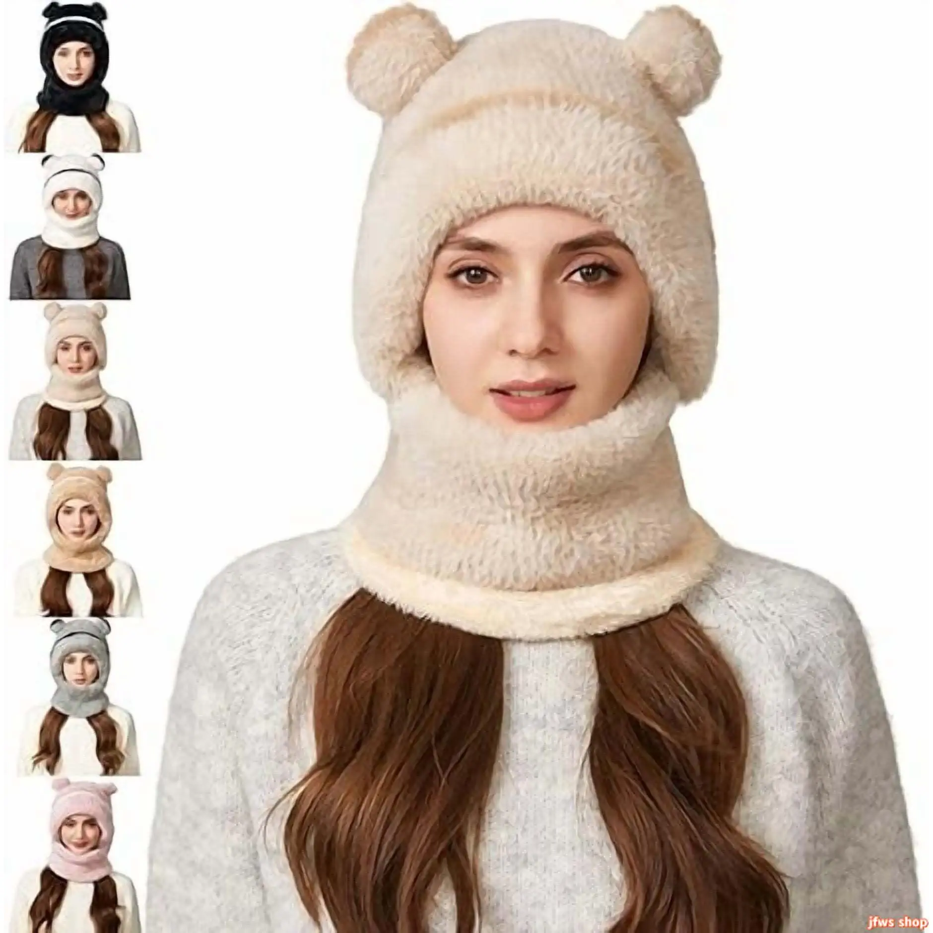 Kids Cute Bear Ear Balaclava Cap Thermal Windproof Machine Washable One Piece Hood Scarf Mask Set for Outdoor Sports Travel tiktokshopbacktoschool