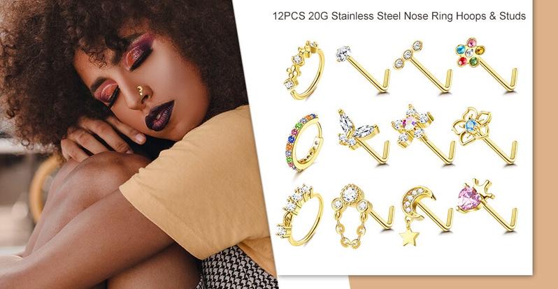 Trendy Summer 12PCS 20G Nose Rings Studs Stainless Steel Nose Rings Hoop for Women Men Paved CZ Butterfly Flower Nose Nostril Piercing Jewelry L Shaped Nose Ring Stud Set Cubic Zirconia