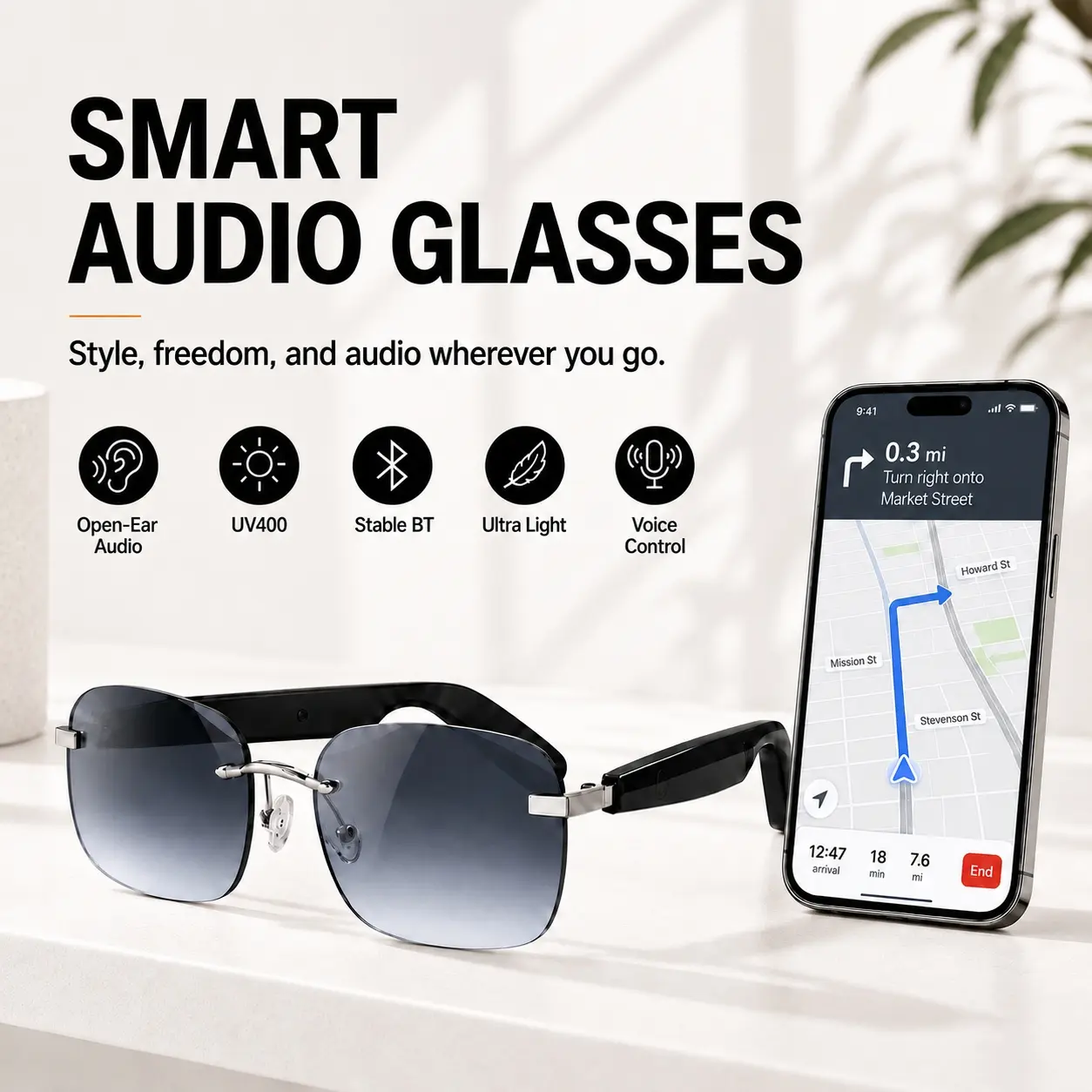 Smart Glasses for Men Women, Open-Ear Wireless Audio Sunglasses with Bluetooth, Built in Speakers, Mic, Voice Assistant and Touch Control