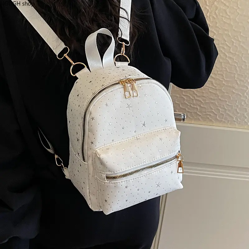 Cute Star Print Mini Backpack with Gold Zipper Detail - Holographic Small Built-in Organizer Backpack, Adjustable Straps, Lightweight Breathable for Beach Shopping & Summer City Adventures, Built-In Organizer Backpacks