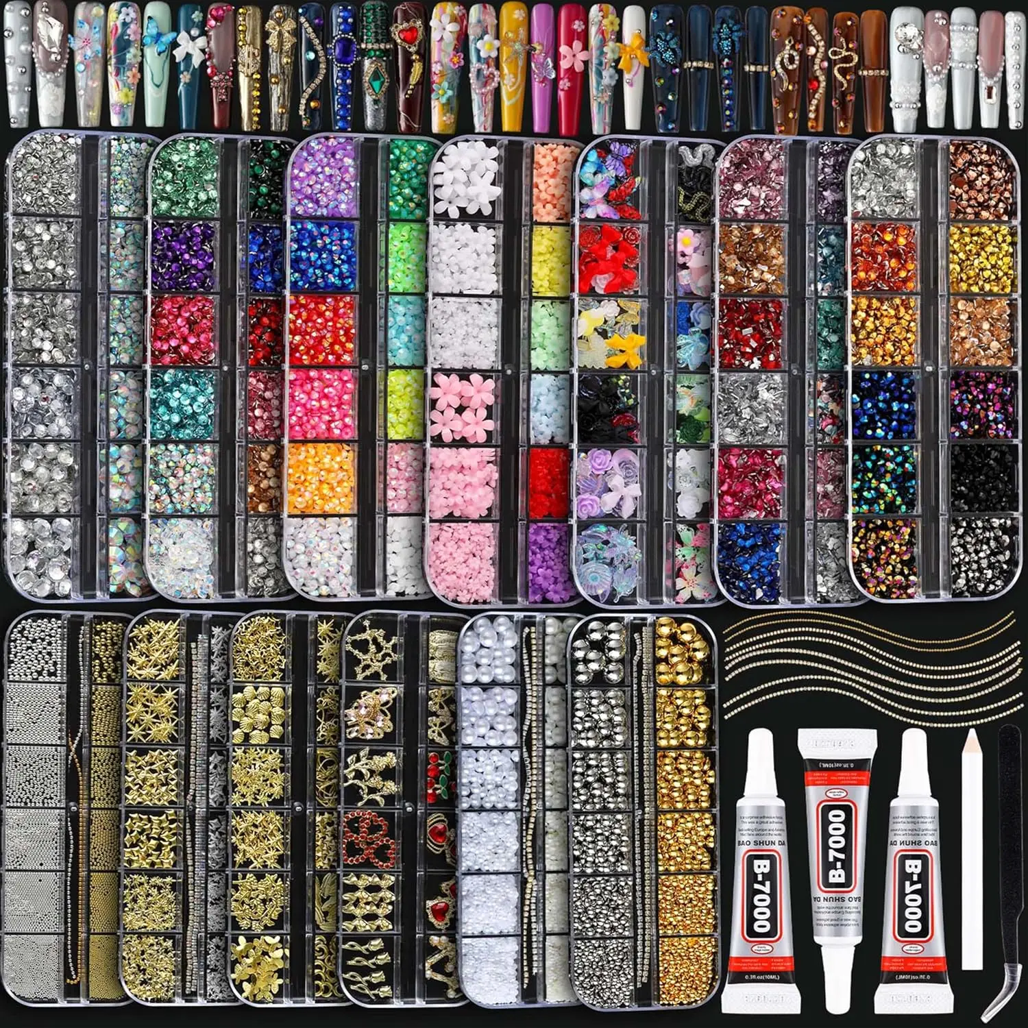 BANA Bedazzling Kit Nail Charms, Rhinestones Kit with 13 Boxes of Nail Gems, 18000Pcs 3D Gold and Silver Nail Charms with Cross, Crown, Pearls for DIY Nail Designs