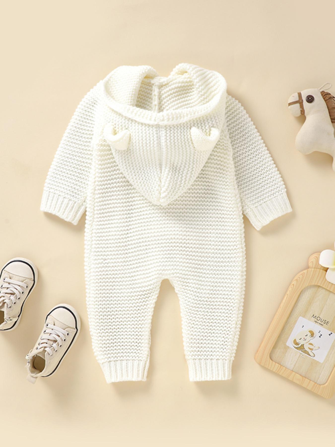Baby's Solid Cable Knit Button-Front Hooded Sweater Jumpsuit, Cute Casual Long Sleeve Jumper Onesies for Newborn and Infant, Baby Clothing for Daily Wear