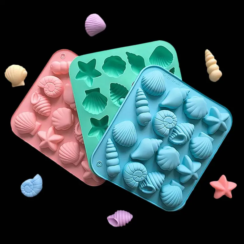 1 set DIY silicone baking mold with 16 cavities and 8 shell styles, suitable for chocolate, cookies, candy, mousse, pastries and jelly, also can be used as ice cube tray.