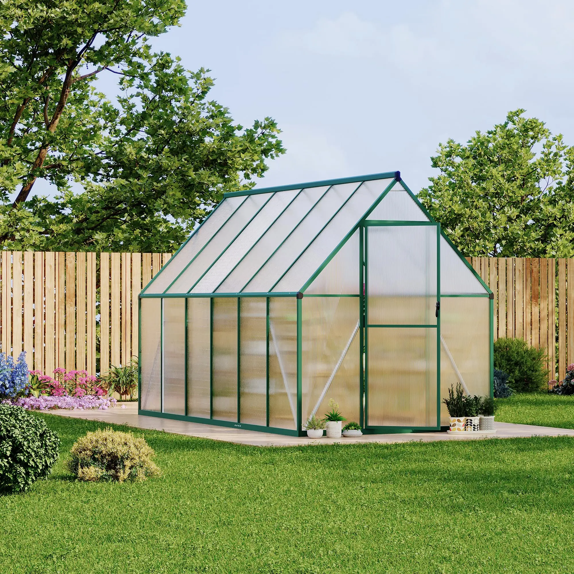 Heavy Duty 6x11 FT Walk-In Polycarbonate Greenhouse – Outdoor Aluminum Frame, Lockable Door, Adjustable Roof Vent & Rain Gutter, All-Season for Garden, Backyard, Patio, Lawn,Green/Black/Silver