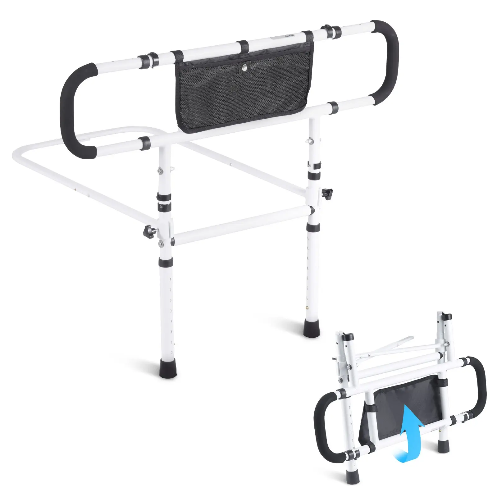 【DealsForYouDays】VEVOR Bed Rails for Elderly Adults, 180 Foldable Bed Assist Rails for Seniors, 450LBS Loading Bed Side Rails Bed Cane with 4-Level Adjustable Handle, Storage Pocket Fits King Queen Full Twin Bed