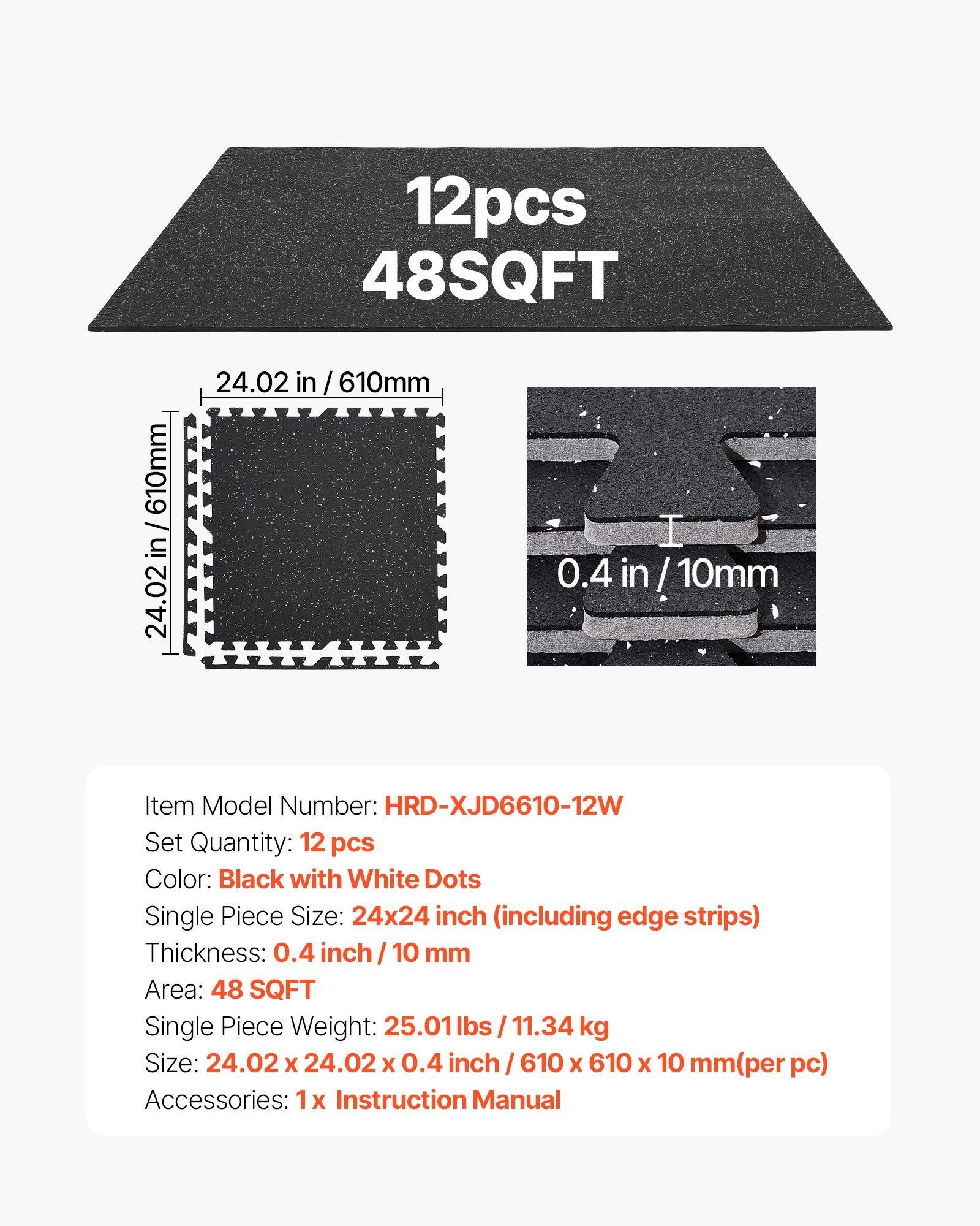 VEVOR Puzzle Exercise Mat, 12 PCS Fitness Equipment Mats, 24 x 24 x 0.4 in, High-Density EVA Foam Mats Set, Interlocking Rubber Soft Tiles, Protective Floor Padding with White Dots for Home Gym Office