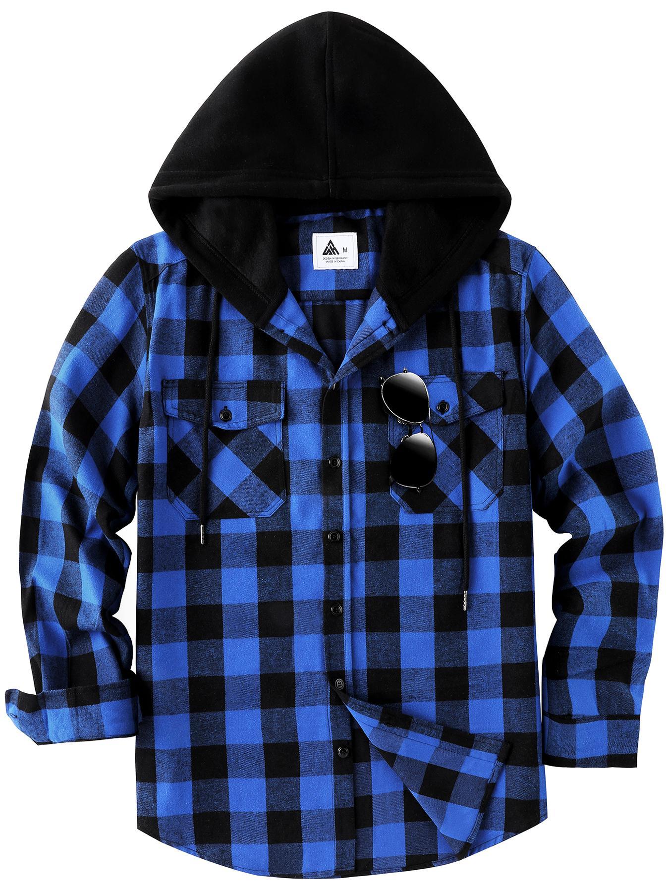 Men's Plaid Button-Front Drawstring Hooded Shirt, Regular Fit Casual Long-Sleeve Outerwear with Pockets for Spring and Fall, Men's Clothes for Daily Wear