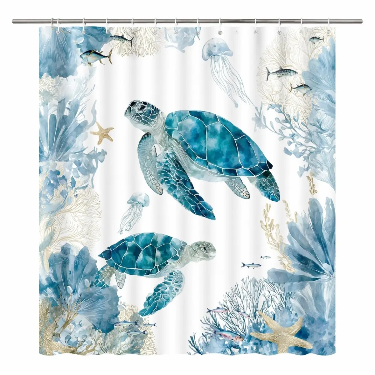 Sea Turtle Shower Curtain, Ocean Theme Blue Bathroom Curtain with Marine Animal Design, Decorative Shower Curtain for Home Apartment Hotel Decor