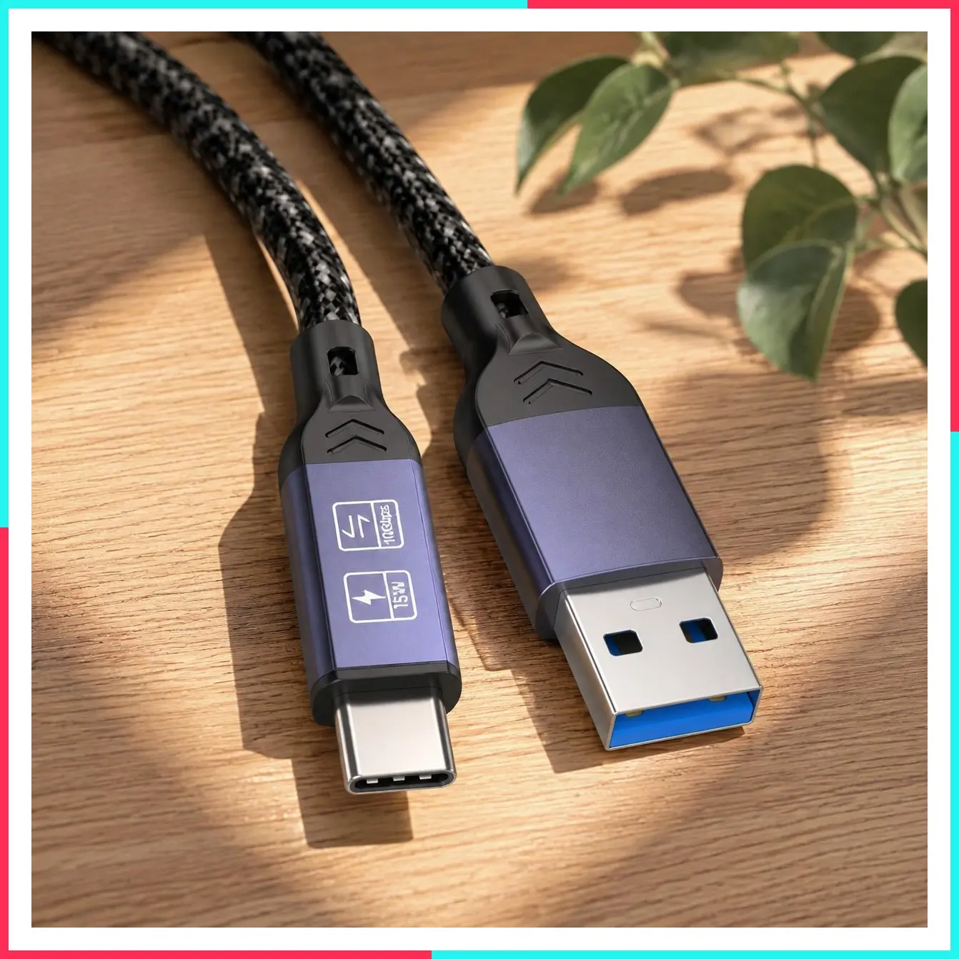 3ft USBA to USBC Car Cable 10Gbps Data 15W Charge for Android Auto CarPlay
