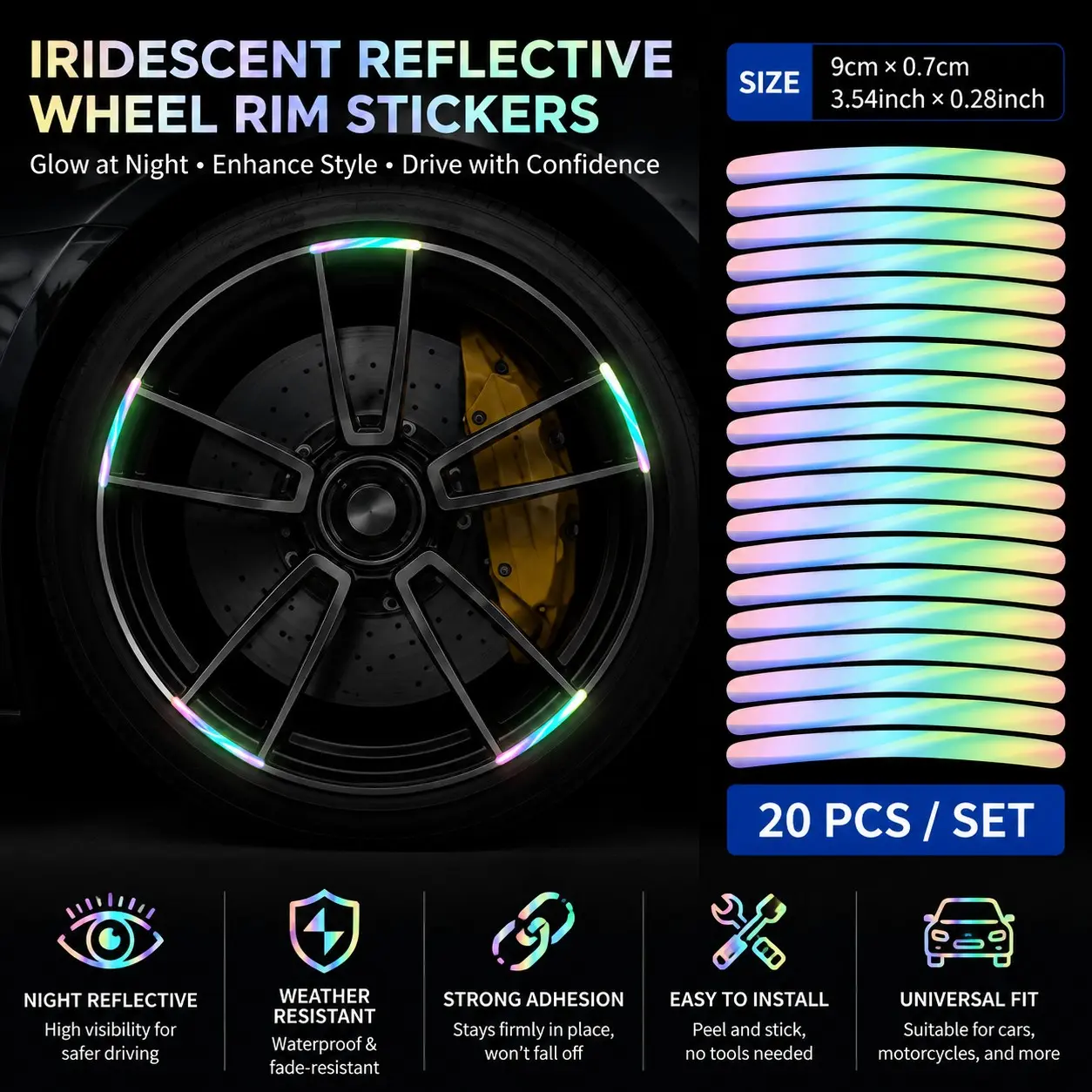 Reflective Car Wheel Stickers, Creative Rainbow Night Light Decals, 20pcs Strong Adhesive Safety Reflectors for Cars, Bikes, Trucks