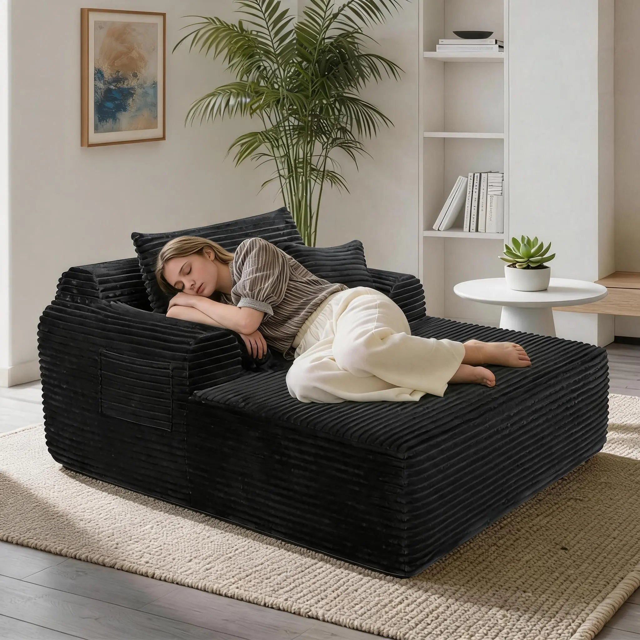 Garvee Oversized 65" Boneless Chaise Lounge Chair, Corduroy Deep Seat Reading Lounger, Ergonomic Comfort, No Assembly Required, 3 Pillows, Living Room/Bedroom