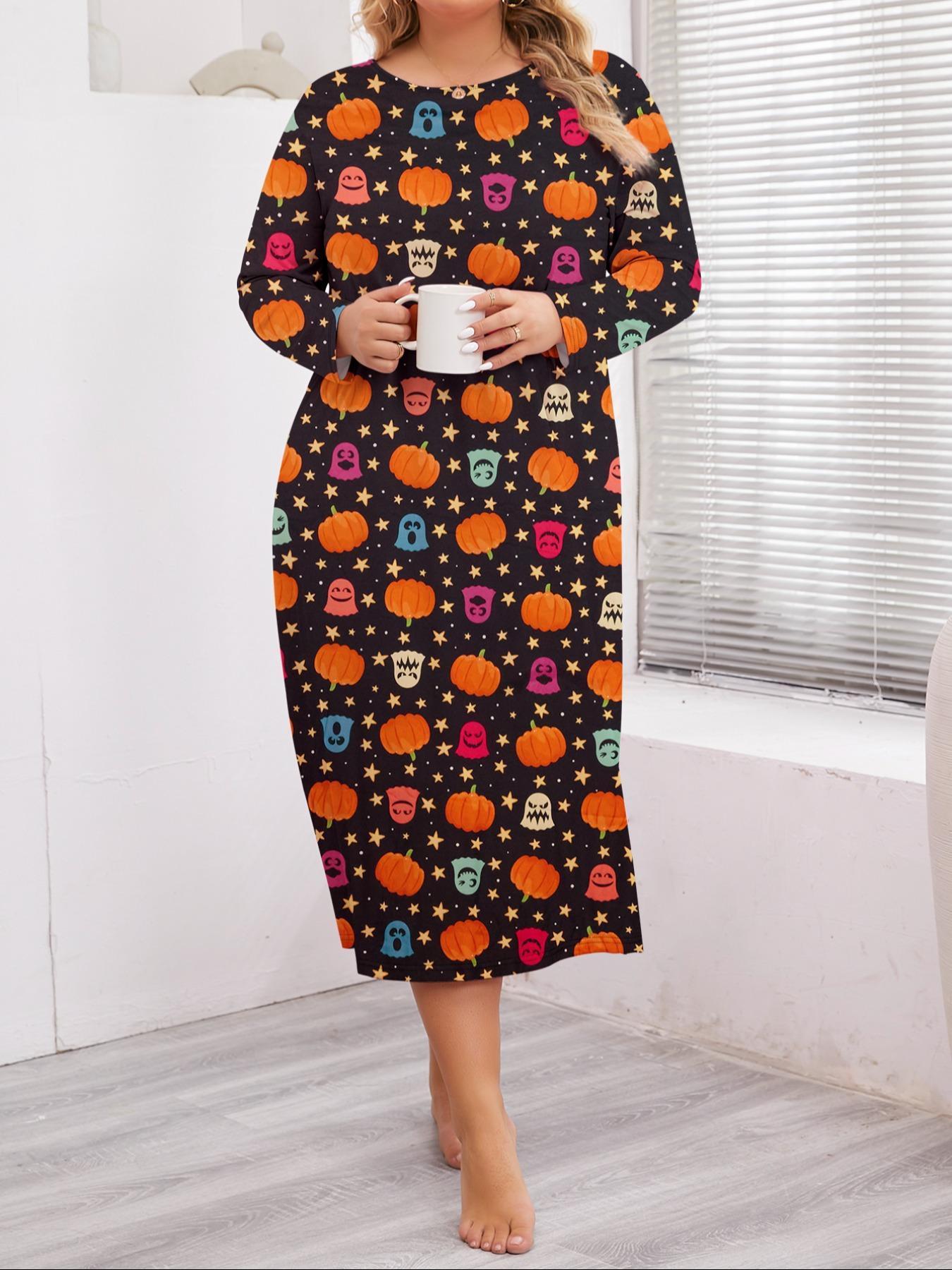 Plus Size All Over Print Round Neck Nightdress, Casual Long Sleeve Nightgown, Women's Sleepwear for Spring & Fall
