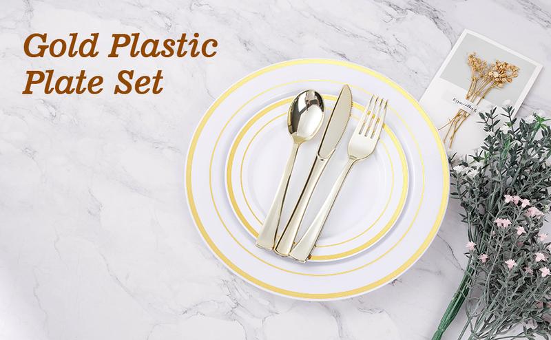 200pcs Gold Disposable Plates – 100 Dinner & 100 Dessert Plates for Winter Gatherings & Parties