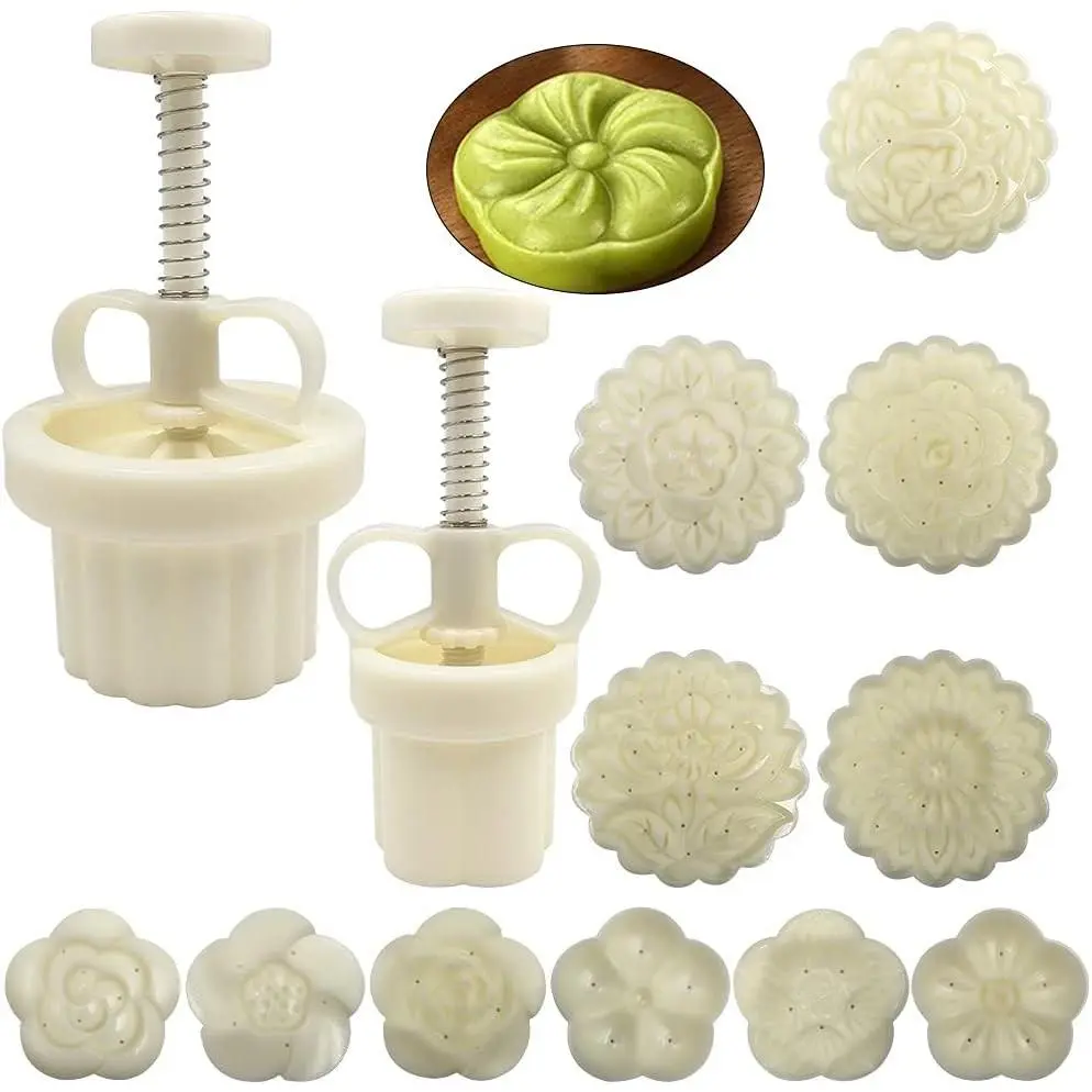 2 Set Mooncake Press Mould with 11 Stamps, DIY 50g 100g Flower Hand Pressure Mooncake Cookie Cutter Baking Tools for Home Baking