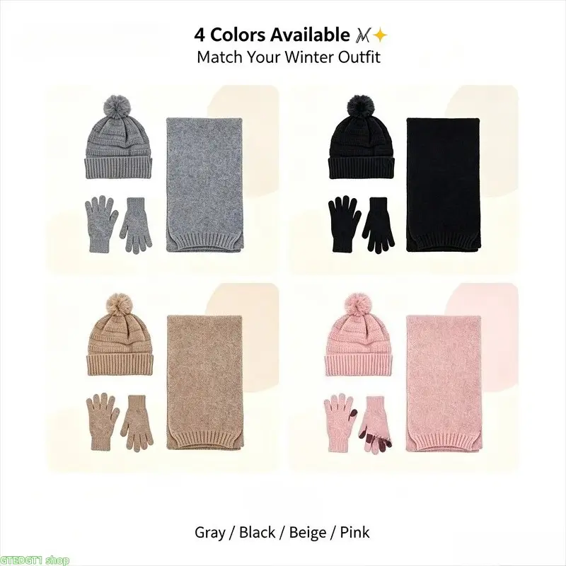Pom Pom Knit 3-Piece Winter Accessory Pack, Cuffed Beanie, Ribbed Scarf And Touchscreen Warm Gloves, Heather Thermal Windproof Unisex Matching Kit, Multi Tone Outdoor Wear For Daily Travel Holiday