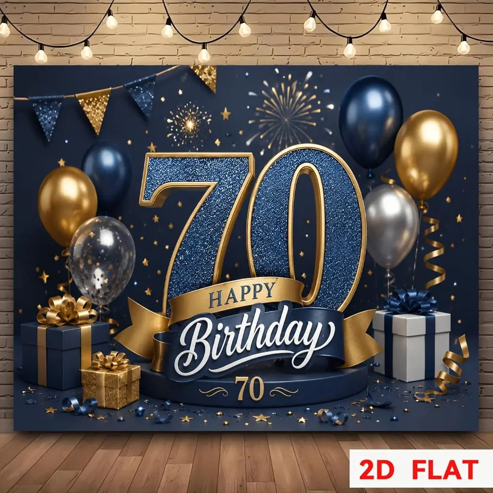 70th Birthday Polyester Fabric Backdrop Cloth - Glam Theme, Navy Blue & Gold 2D Flat HD Digital Print, Soft Lightweight Foldable Indoor Textile for Party Portraits