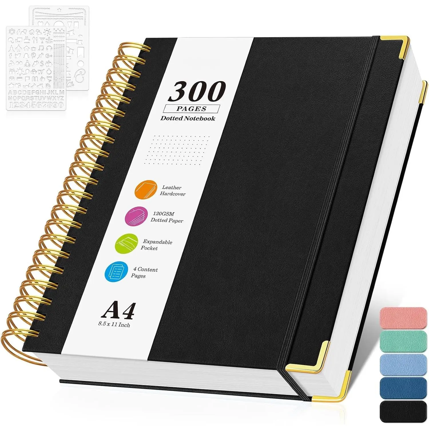 Dotted Journal Notebook with Dot Grid Pages, 300-Page Leather Cover Layflat Spiral Notebook, Office Stationery with Tab Stickers