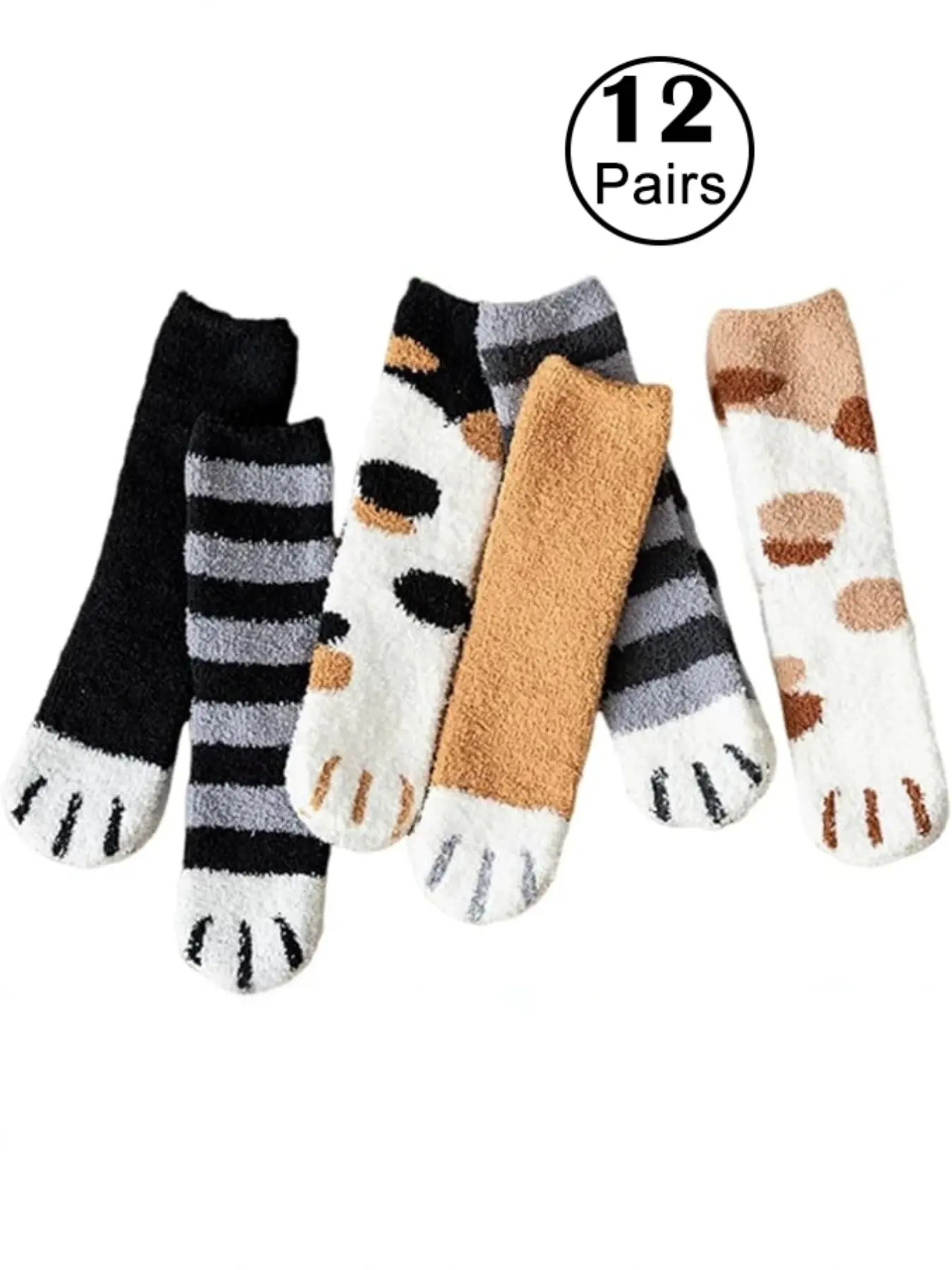 12 Pairs Women's Cat Paw Socks, Cozy Warm Fuzzy Home Socks, Soft Winter Sleep Socks, Cute Fluffy Socks for Girls, Christmas Gift for Women