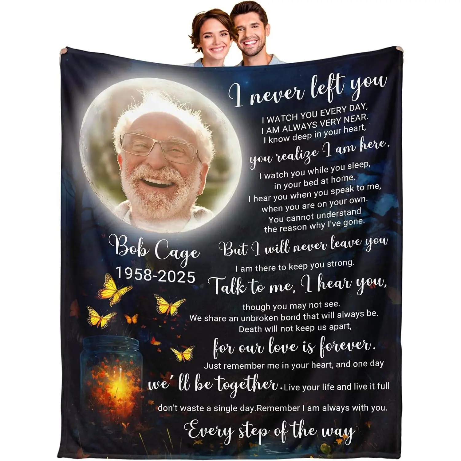 ﻿ Memorial Throw Blanket, 1 Piece Soft Warm Flannel Custom Photo Blanket, I Never Left You Poem Forest Moon Design, Lightweight Portable Travel Blanket for Car Couch, Personalized Bereavement Sympathy Gift, Remembrance Keepsake Decor﻿