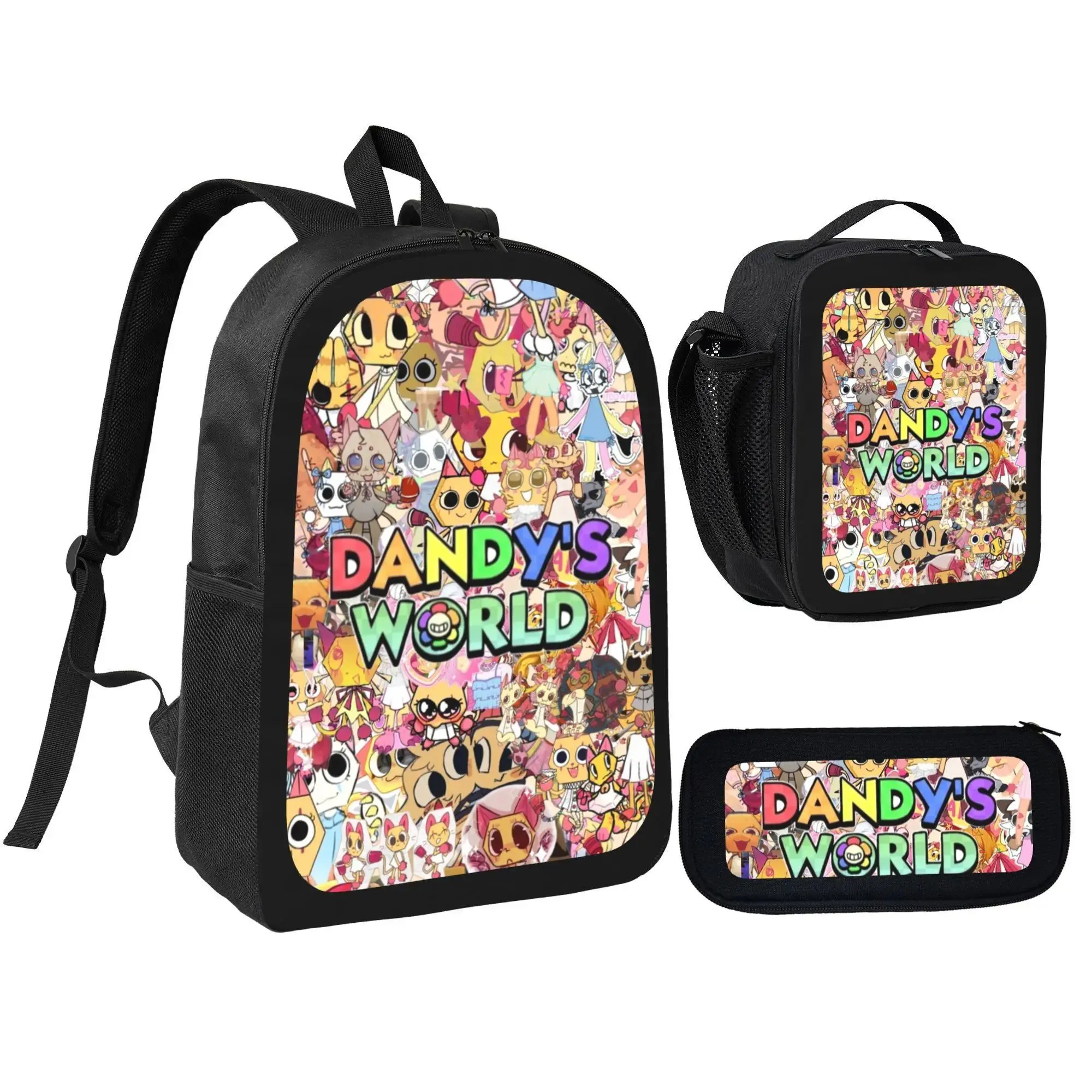 3 Piece Matching Dandy's World Backpack Set, Game Character Print Daypack with Insulated Food Lunch Bag and Stationery Pencil Pouch, School Bookbag for Kids Boys & Girls
