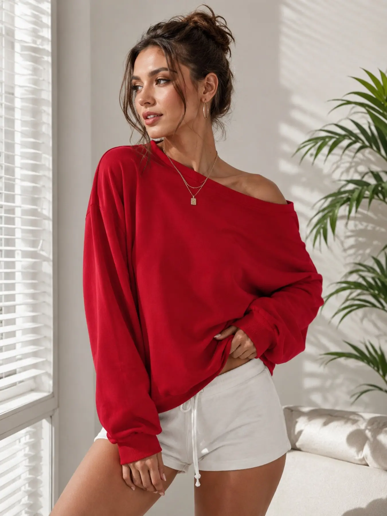 Women's Solid Color Off Shoulder Long Sleeve Sweatshirt, Chic Casual Loose Fit Crew Neck Oversized Basic Pullover Top, Soft Long Sleeve Relaxed Fit Daily Wear Jumper