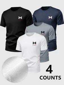 4-Pack Sport Short Sleeve T-Shirts, Gym Training, Outdoor Running, Basketball, Men's Sport Logo, Breathable Quick-Dry Mesh Fabric, Unisex