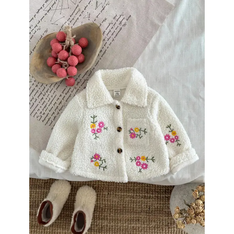 Girls' Autumn Winter Lamb Fur Coat, Korean Style Embroidered Flower Top, Baby Daily Warm Fuzzy Jacket, Stand Collar Design, Cozy and Lightweight