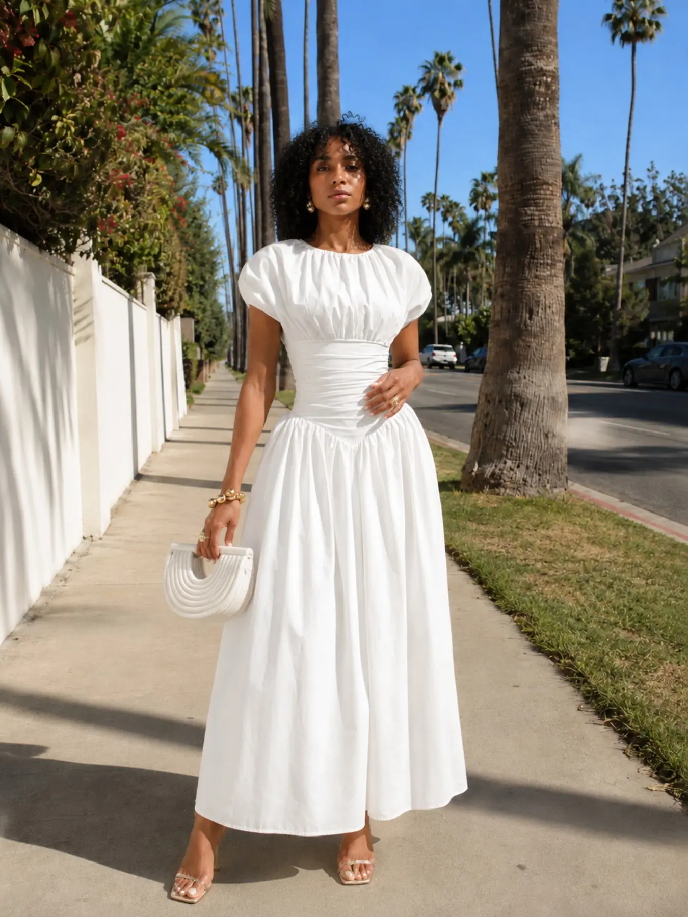 Elegant Waist-Cropped Dress, Bubble Short Sleeve Pleated Design, Conceals Figure, Slimming Effect, Casual Vacation Long Skirt