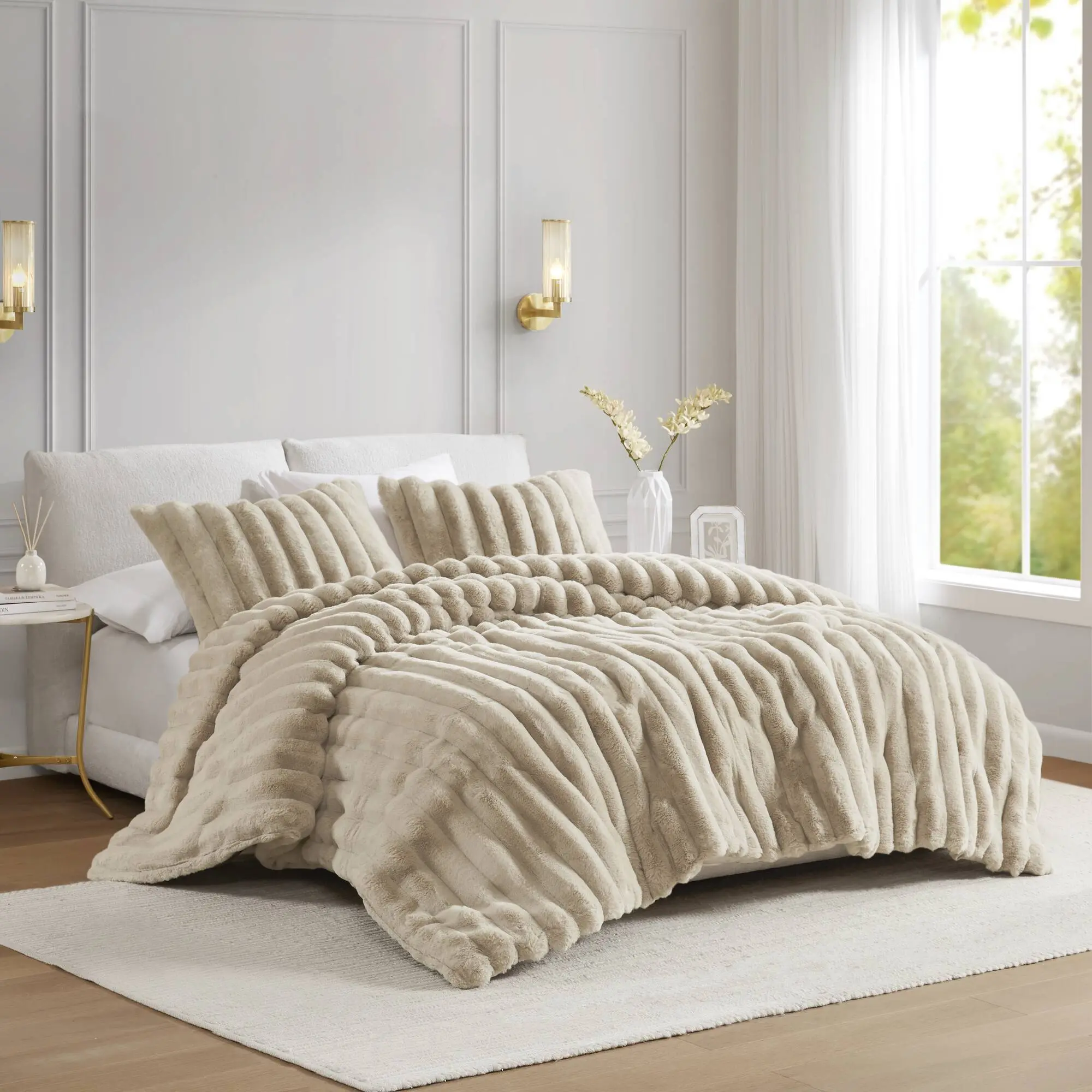 ARCH Soft Faux Fur Ribbed Comforter Set Full/Queen/King Size Options, Ultrasoft Plush Bedding Set with Pillow Shams, Mocha/Taupe/Black Color Choices, Cozy Warm Bedroom Decor, 3-Piece Set, Home Furniture and Household Product Search Terms, Three Piece Sets