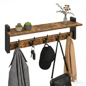 Wall Mounted Coat Rack with Hooks, Entryway Wall Shelf with Storage, Iron & Wood Hanger for Bathroom Hallway