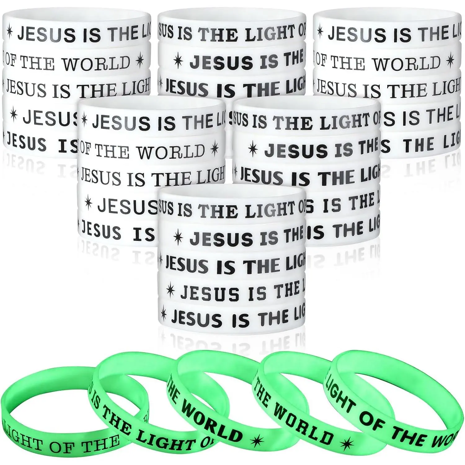 Unisex 50-Count 2026 VBS Synthetic Glow in the Dark Rubber Wristbands, 7.95in Casual Modern Motivational Religious Verse Bracelets, Christian Illumination Bulk Decorations Gifts for Church Event Prizes (White)