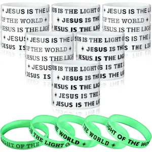 50-Count 2026 VBS Glow in the Dark Rubber Wristbands, 7.95 Inch Casual Modern Motivational & Religious Verse Bracelets, Christian Illumination Theme Bulk Decorations Gifts (White)