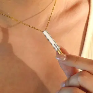 Trendy Secret Engraved Message Pendant Necklace 33×5mm, Inlaid Artificial Gemstone with Adjustable Stainless Steel Chain, Unique Discreet Initial Jewelry Gift
