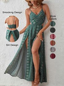 women's fit random paisley print cut out shirred split thigh cami dress, summer clothes women, boho deep v neck long a line dress for beach holiday vacation, ladies summer clothes, slip dress, sleeveless womenswear