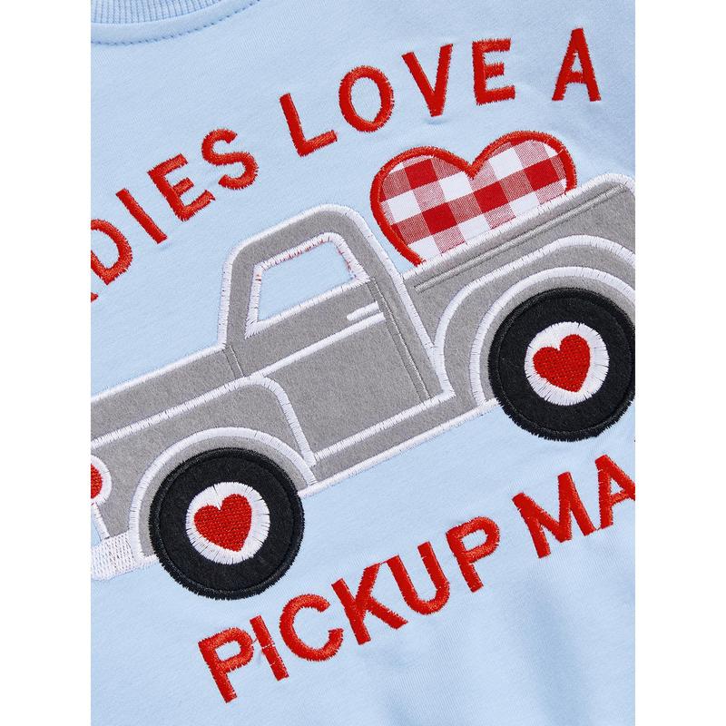 Toddler Baby Boy Outfits Valentine's Day Truck Heart Print Pullover Sweatshirt and Plaid Pants Spring Winter Set 6M-4Y