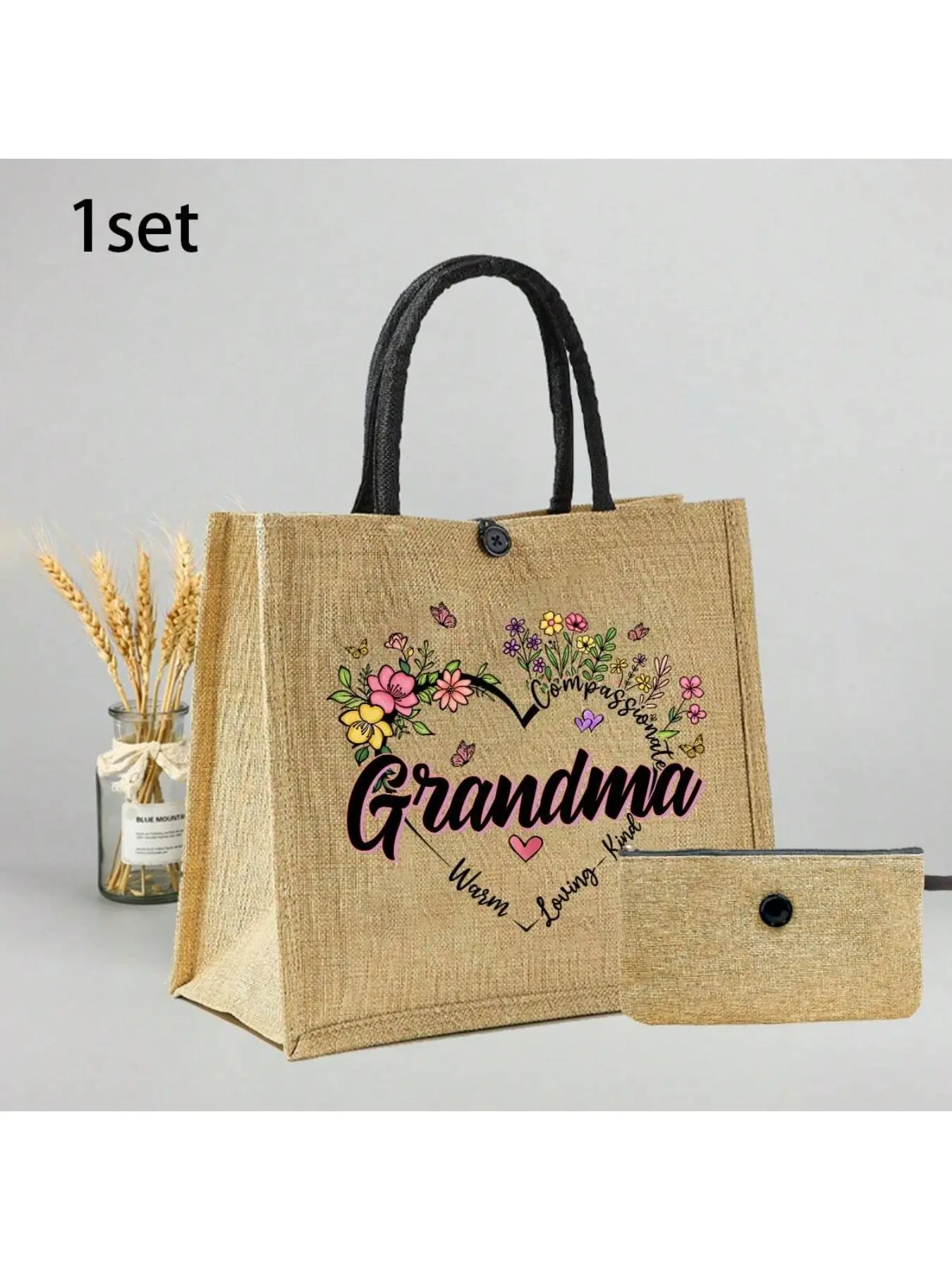 Warm Grandma Floral Linen Tote Bag with Butterfly Heart Letter Print, Cozy Loving Design Handbag, Unique Thanksgiving Gift for Grandmother