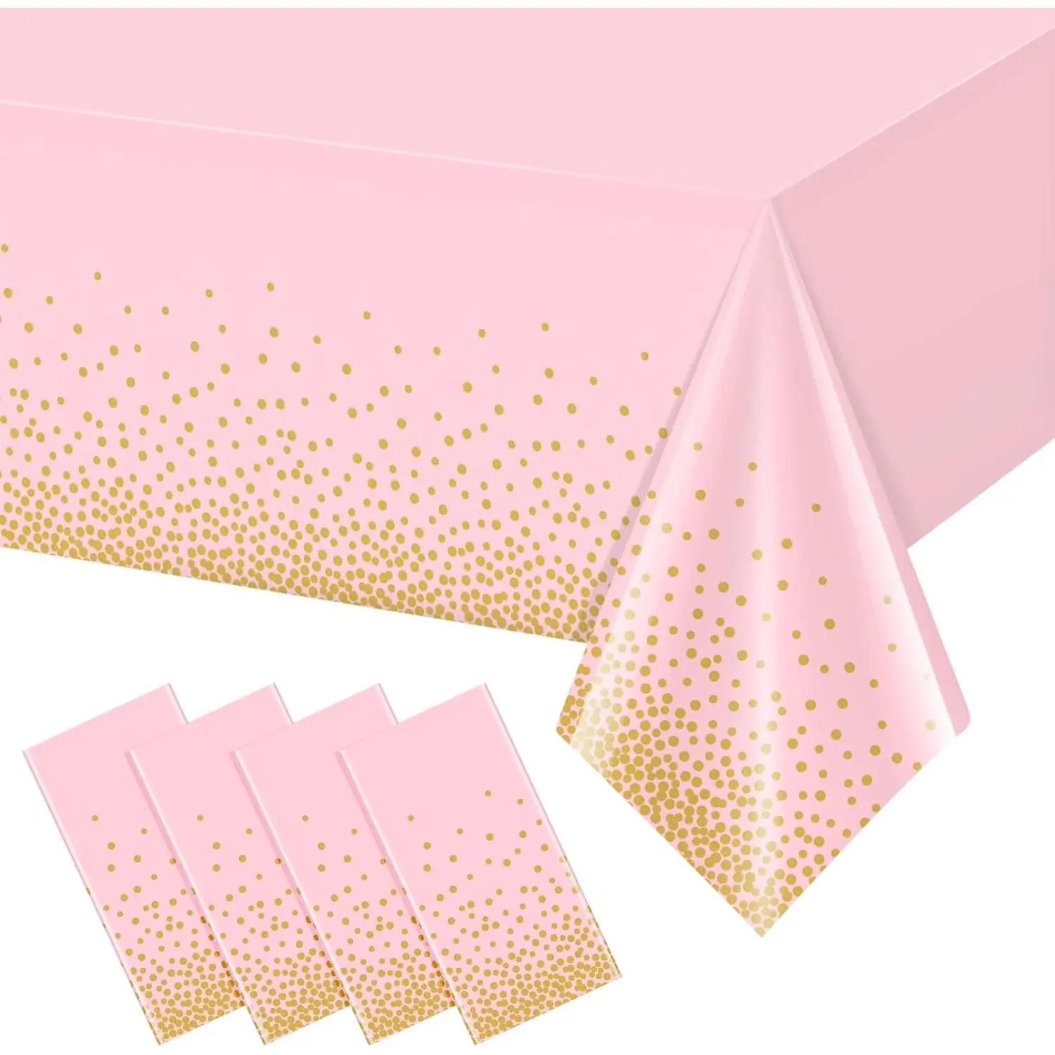 4 Pack Pink and Gold Plastic Tablecloth for Parties, Disposable Pink Table Cloth for Rectangle Tables, Gold Dot Confetti Light Pink Tablecloth for Birthday Wedding Baby Shower Party, 54x108