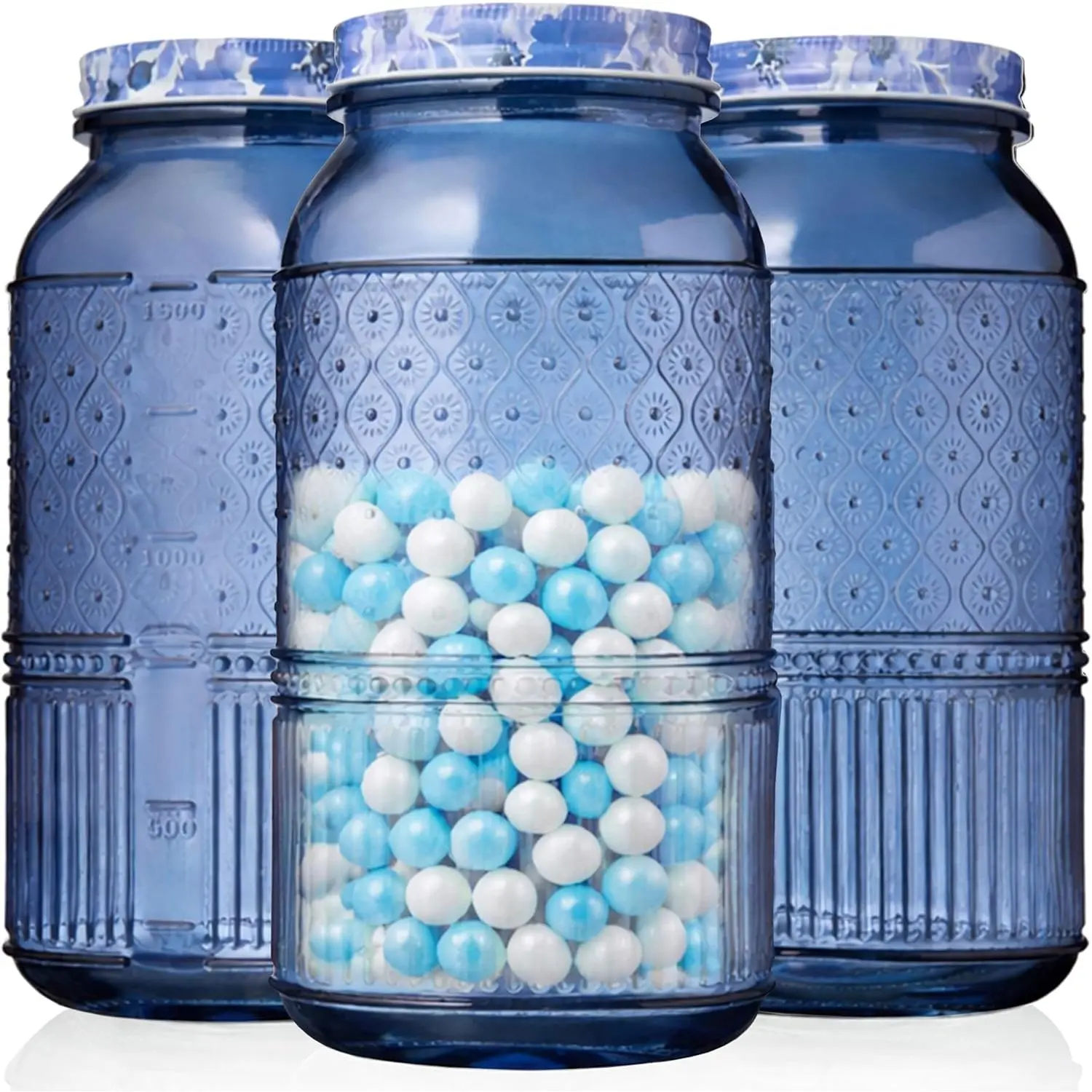 Glass Canisters Set of 3 – 64 oz Mason Jar Style Food Storage Containers with Lids, Jars for Cereal, Pasta, Cookies, Candy, Flour, Sugar, Pet Food, Vintage Claro Collection Kitchen Decor - Blue, 64 Fluid Ounces