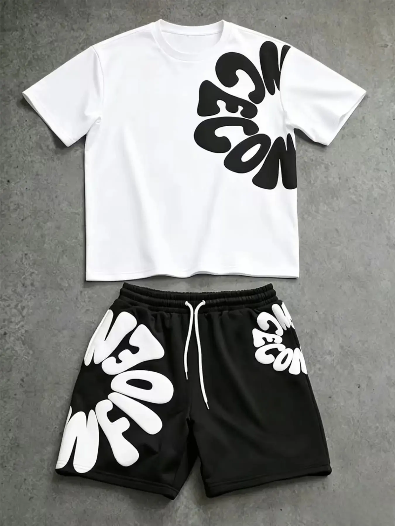 Men's Simple Print Set, Includes Round Neck Short Sleeve T-Shirt and Shorts, Casual Fitted, All over Print, Suitable for All Seasons