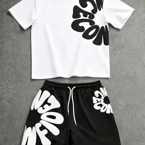 Men's Letter Pattern Print Fitted Two-Piece Set, Casual Round Neck Short Sleeve T-Shirt and Shorts, Suitable for All Seasons
