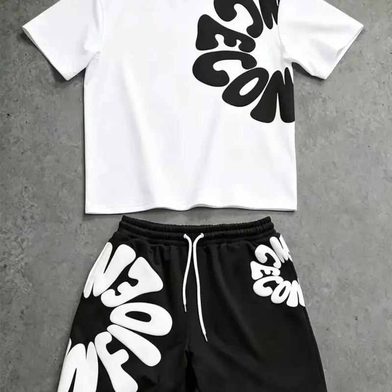 Men's Letter Pattern Print Fitted Two-Piece Set, Casual Round Neck Short Sleeve T-Shirt and Shorts, Suitable for All Seasons