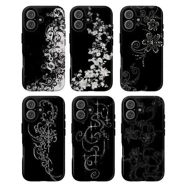 Luxury Gothic Aesthetic Silicone Phone Case, Elegant Black Rhinestone Floral Art Shell, Durable Rugged Shockproof Protection for iPhone 11-17 Pro Max/Plus & Samsung Galaxy S23-25