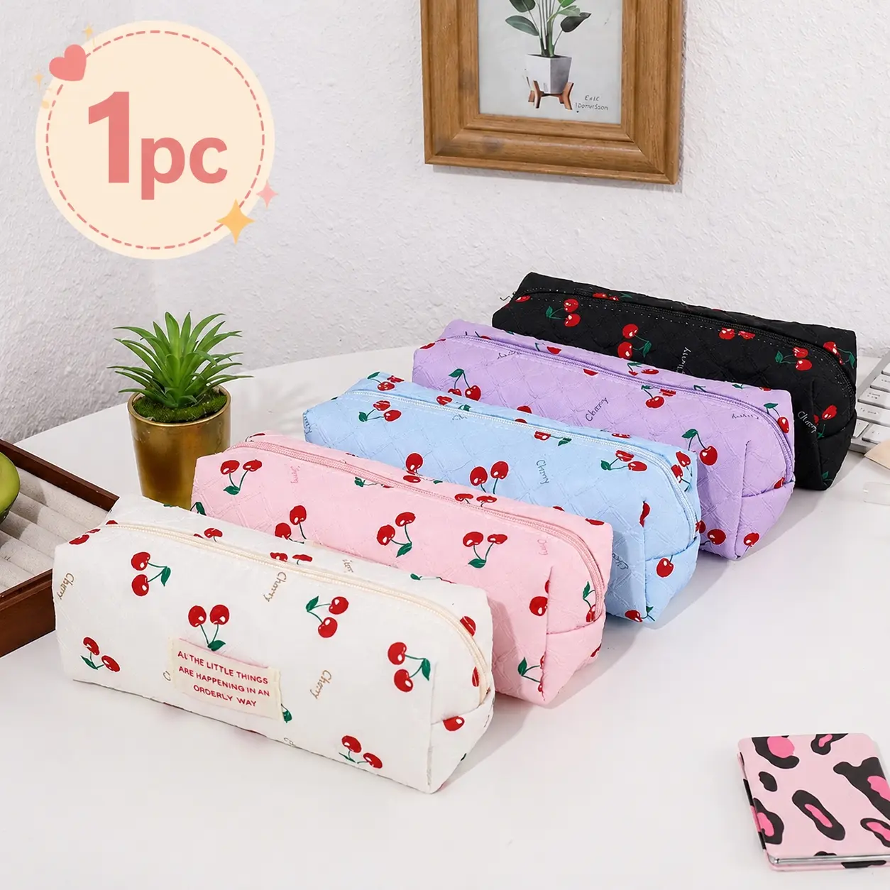 1 piece of high-quality large-capacity zipper storage bag, red cherry plaid zipper pouch, cute canvas pencil case and stationery bag, suitable for storing office and study stationery, school and office supplies
