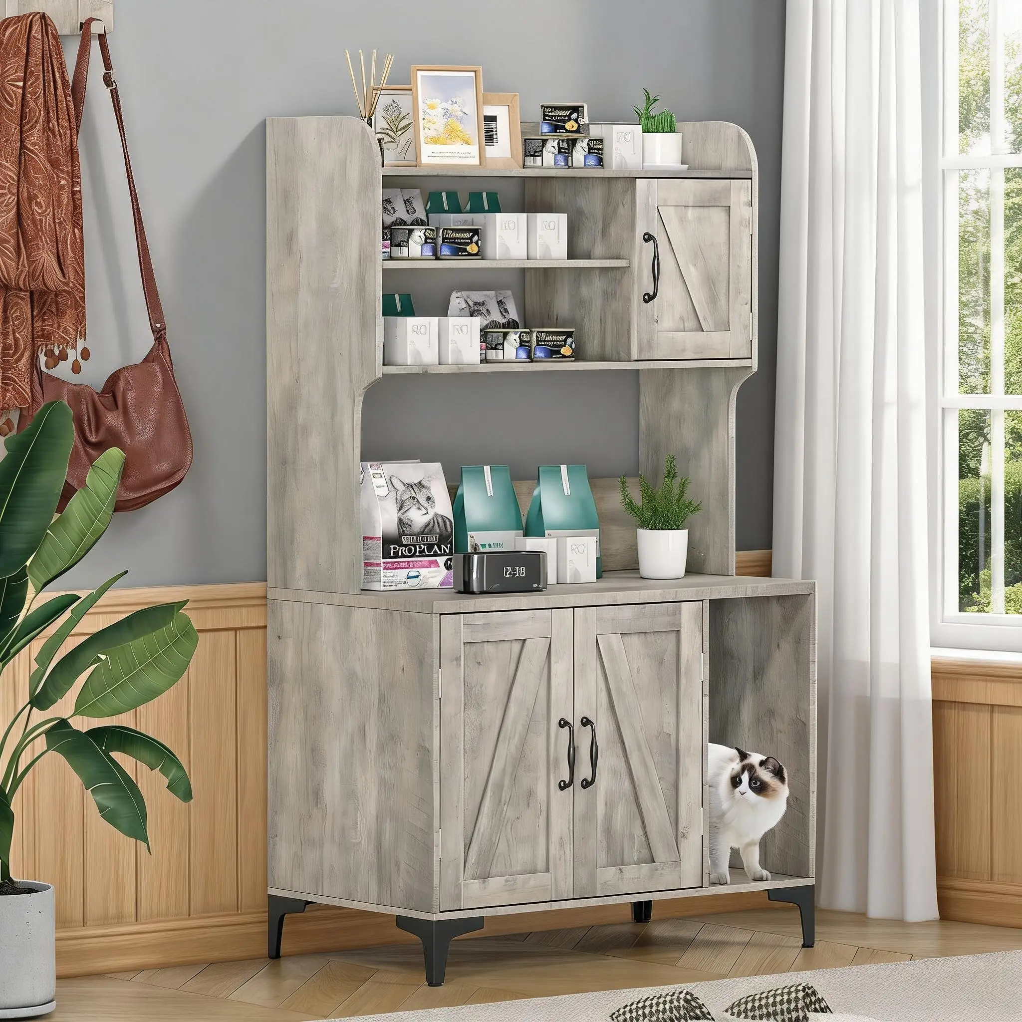 Wooden Cat Litter Box Cabinet 3-Door Storage, Hidden Litter Box Furniture with Shelves, Sturdy Indoor Cat House, Suitable for Most Litter Boxes